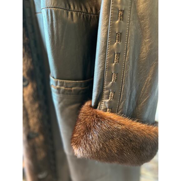 EUC Deep Brown Leather Maxi Coat With Mink Trim Whipstitch Detail Fits Wmns M/L - Picture 11 of 12